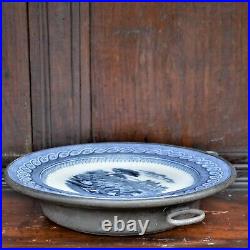 Antique 1860 James Yates Pewter Blue and White Ceramic Hot Water Plate Warmer