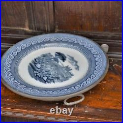 Antique 1860 James Yates Pewter Blue and White Ceramic Hot Water Plate Warmer