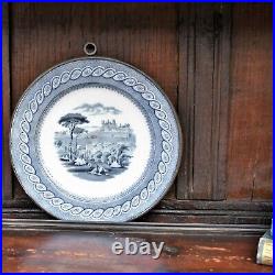 Antique 1860 James Yates Pewter Blue and White Ceramic Hot Water Plate Warmer