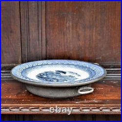 Antique 1860 James Yates Pewter Blue and White Ceramic Hot Water Plate Warmer