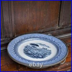 Antique 1860 James Yates Pewter Blue and White Ceramic Hot Water Plate Warmer