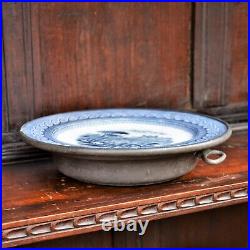 Antique 1860 James Yates Pewter Blue and White Ceramic Hot Water Plate Warmer