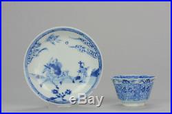 Antique 18C Chinese Porcelain Tea Bowl Cup Saucer Deer Egret Figure Blue & White