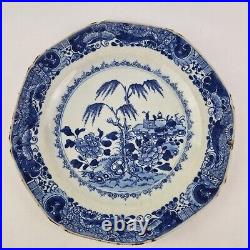 Antique 18thC Chinese Blue And White Plate Painted Garden Flowers Tree 22.8cm