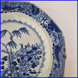 Antique 18thC Chinese Blue And White Plate Painted Garden Flowers Tree 22.8cm