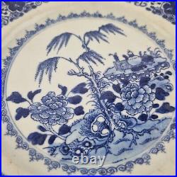 Antique 18thC Chinese Blue And White Plate Painted Garden Flowers Tree 22.8cm