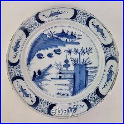 Antique 18thC Delft Blue And White Charger Painted Chinoiserie Landscape 34cm