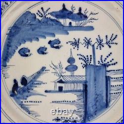 Antique 18thC Delft Blue And White Charger Painted Chinoiserie Landscape 34cm