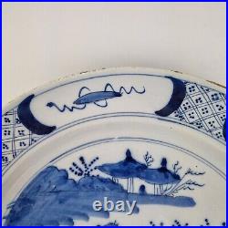 Antique 18thC Delft Blue And White Charger Painted Chinoiserie Landscape 34cm