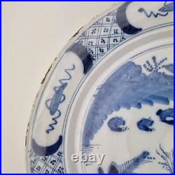 Antique 18thC Delft Blue And White Charger Painted Chinoiserie Landscape 34cm