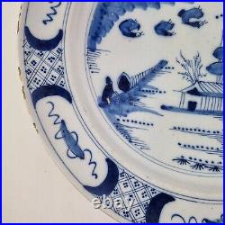 Antique 18thC Delft Blue And White Charger Painted Chinoiserie Landscape 34cm