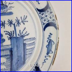 Antique 18thC Delft Blue And White Charger Painted Chinoiserie Landscape 34cm