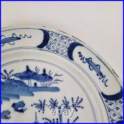 Antique 18thC Delft Blue And White Charger Painted Chinoiserie Landscape 34cm