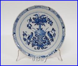 Antique 18thC Dutch Delft Pottery Blue & White Pan Cake Plate Dish Flowers Birds