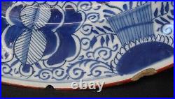 Antique 18thC Dutch Delft Tin Glazed Blue & White Peacock Vase Plate Charger