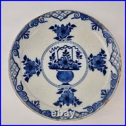 Antique 18th Century Blue & White Delft Plate Decorated Flowers In Vase