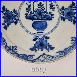 Antique 18th Century Blue & White Delft Plate Decorated Flowers In Vase