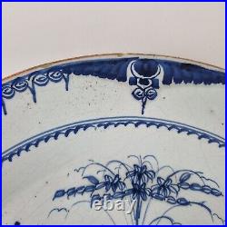 Antique 18th Century Delft Blue And White Charger Decorated Flower Garden 34cm