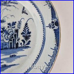 Antique 18th Century Delft Blue And White Charger Decorated Flower Garden 34cm