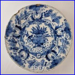 Antique 18th Century Delft Blue And White Charger Decorated Flowers Bird 34.3cm