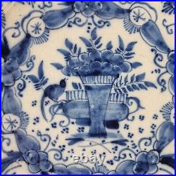 Antique 18th Century Delft Blue And White Charger Decorated Flowers Bird 34.3cm