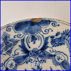 Antique 18th Century Delft Blue And White Charger Decorated Flowers Bird 34.3cm