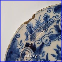 Antique 18th Century Delft Blue And White Charger Decorated Flowers Bird 34.3cm