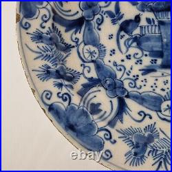 Antique 18th Century Delft Blue And White Charger Decorated Flowers Bird 34.3cm