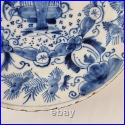 Antique 18th Century Delft Blue And White Charger Decorated Flowers Bird 34.3cm