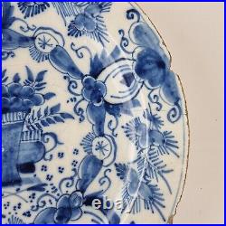 Antique 18th Century Delft Blue And White Charger Decorated Flowers Bird 34.3cm