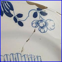 Antique 18th Century Delft Blue And White Charger Flowers And Tree Cracked 36cm