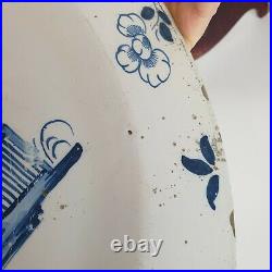 Antique 18th Century Delft Blue And White Charger Flowers And Tree Cracked 36cm
