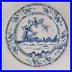 Antique 18th Century Delft Blue & White Charger Decorated 2 Roosters Landscape