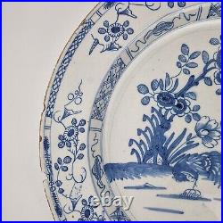 Antique 18th Century Delft Blue & White Charger Decorated 2 Roosters Landscape