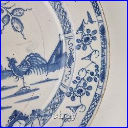 Antique 18th Century Delft Blue & White Charger Decorated 2 Roosters Landscape
