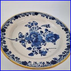Antique 18th Century Delft Blue & White Plate Charger Decorated Flowers 29cm