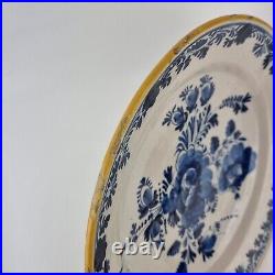 Antique 18th Century Delft Blue & White Plate Charger Decorated Flowers 29cm