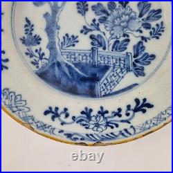 Antique 18th Century Delft Blue & White Plate Decorated Fenced Garden 22.9cm #3