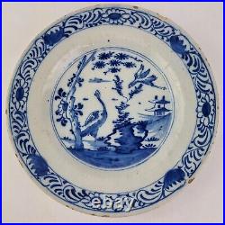 Antique 18th Century Delft Pottery Plate Blue & White Chinoiserie With Cranes