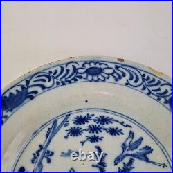 Antique 18th Century Delft Pottery Plate Blue & White Chinoiserie With Cranes