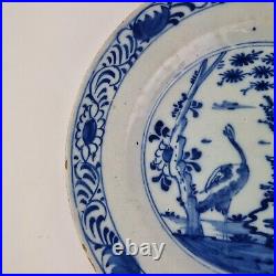 Antique 18th Century Delft Pottery Plate Blue & White Chinoiserie With Cranes