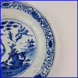 Antique 18th Century Delft Pottery Plate Blue & White Chinoiserie With Cranes