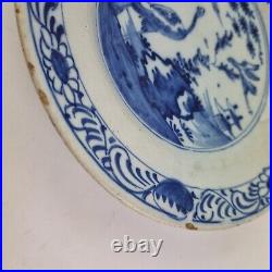 Antique 18th Century Delft Pottery Plate Blue & White Chinoiserie With Cranes