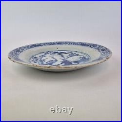 Antique 18th Century Delft Pottery Plate Blue & White Chinoiserie With Cranes