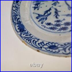 Antique 18th Century Delft Pottery Plate Blue & White Chinoiserie With Cranes