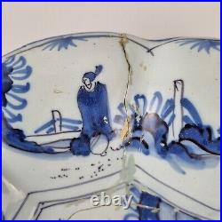 Antique 18th Century Delft Ware Lobed Charger Blue And White With Figures 34.5cm