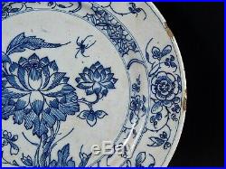 Antique 18th Century Dutch Delft Blue White Plate Flowers Insect and Old Label