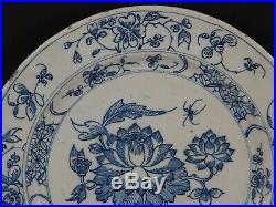 Antique 18th Century Dutch Delft Blue White Plate Flowers Insect and Old Label