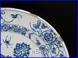 Antique 18th Century Dutch Delft Blue White Plate Flowers Insect and Old Label