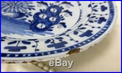 Antique 18th Century Large Delft Charger Plate Blue White Unusual Flowers